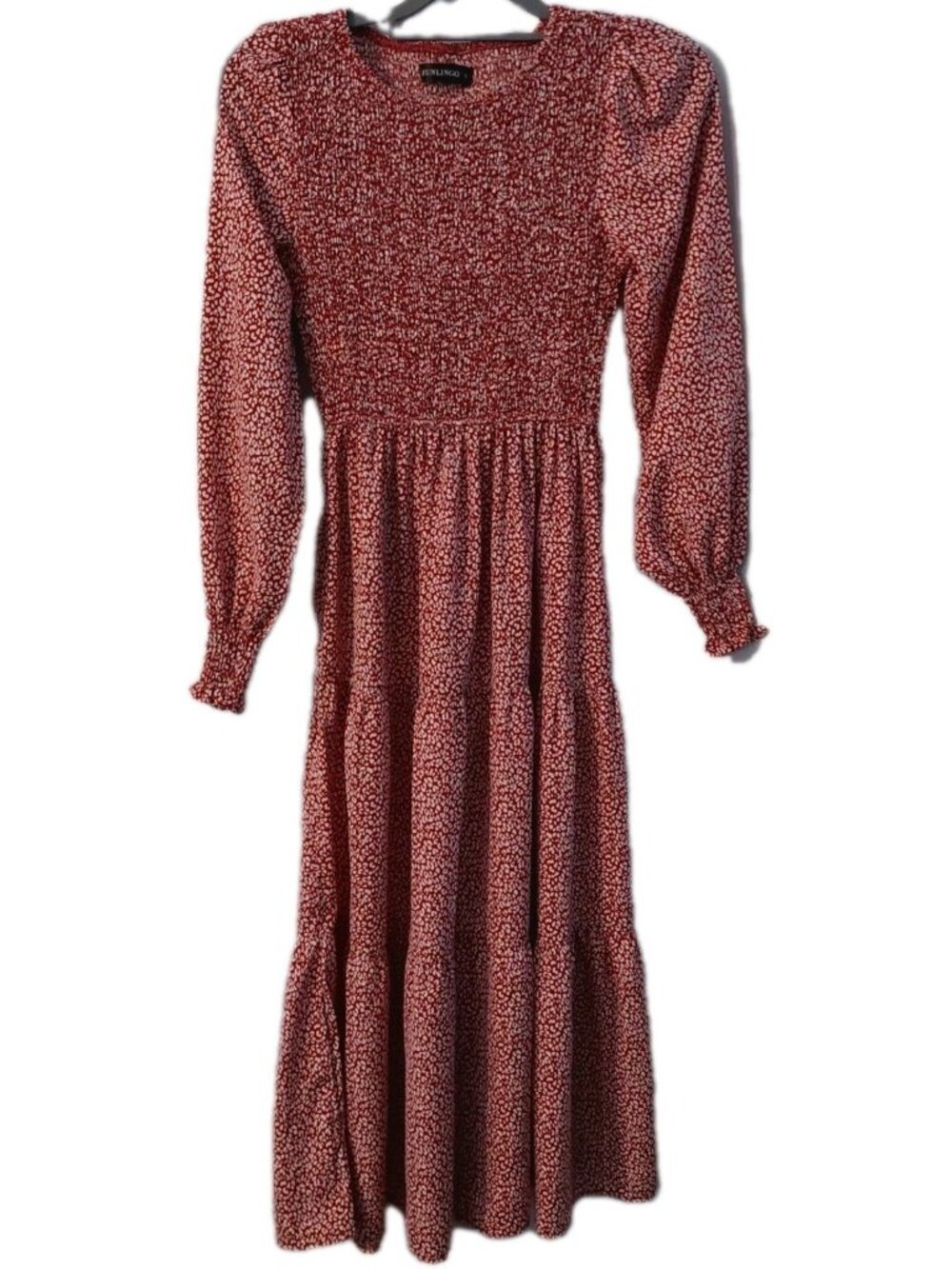 Funlingo Women Dress Size Small Pink White Long sleeve Tiered Smocked